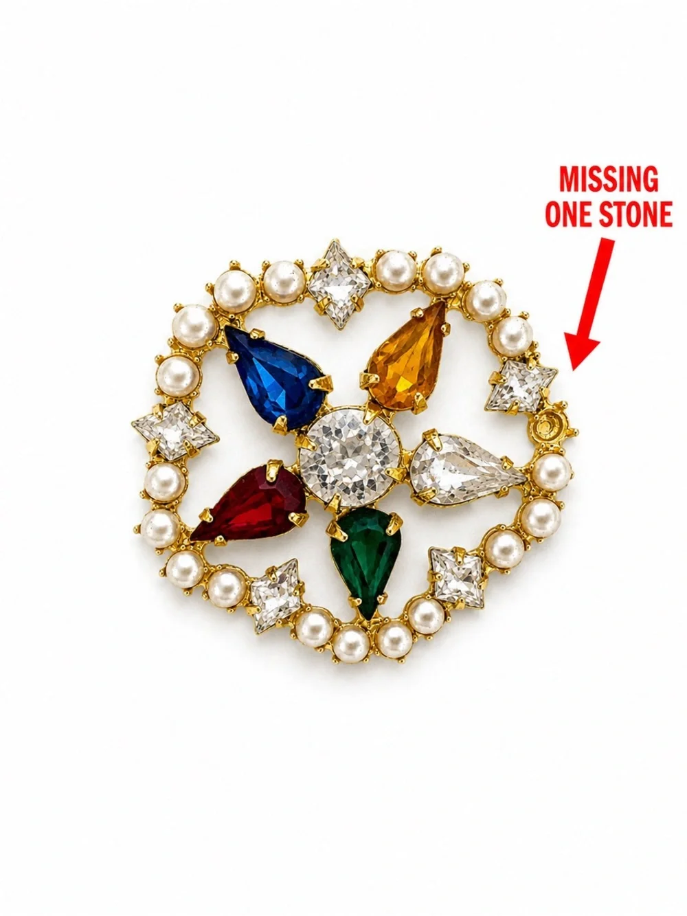 Vintage B David Brooch Multicolor Rhinestone Faux Pearl Gold Tone Wreath Signed